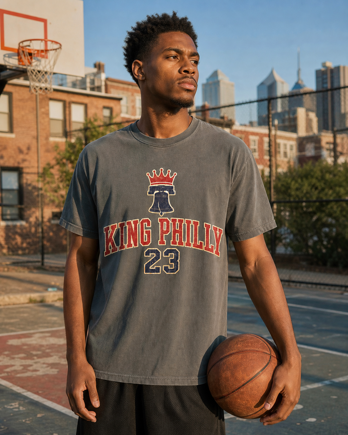 Model wearing the King Philly 23 tee at a Philadelphia basketball court